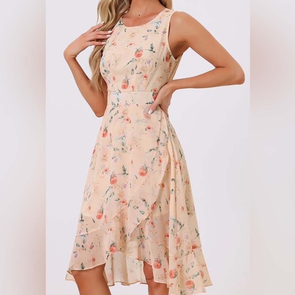 Cottagecore Floral Chiffon High Low Wrap Dress Pink Sleeveless Woman L**NWT